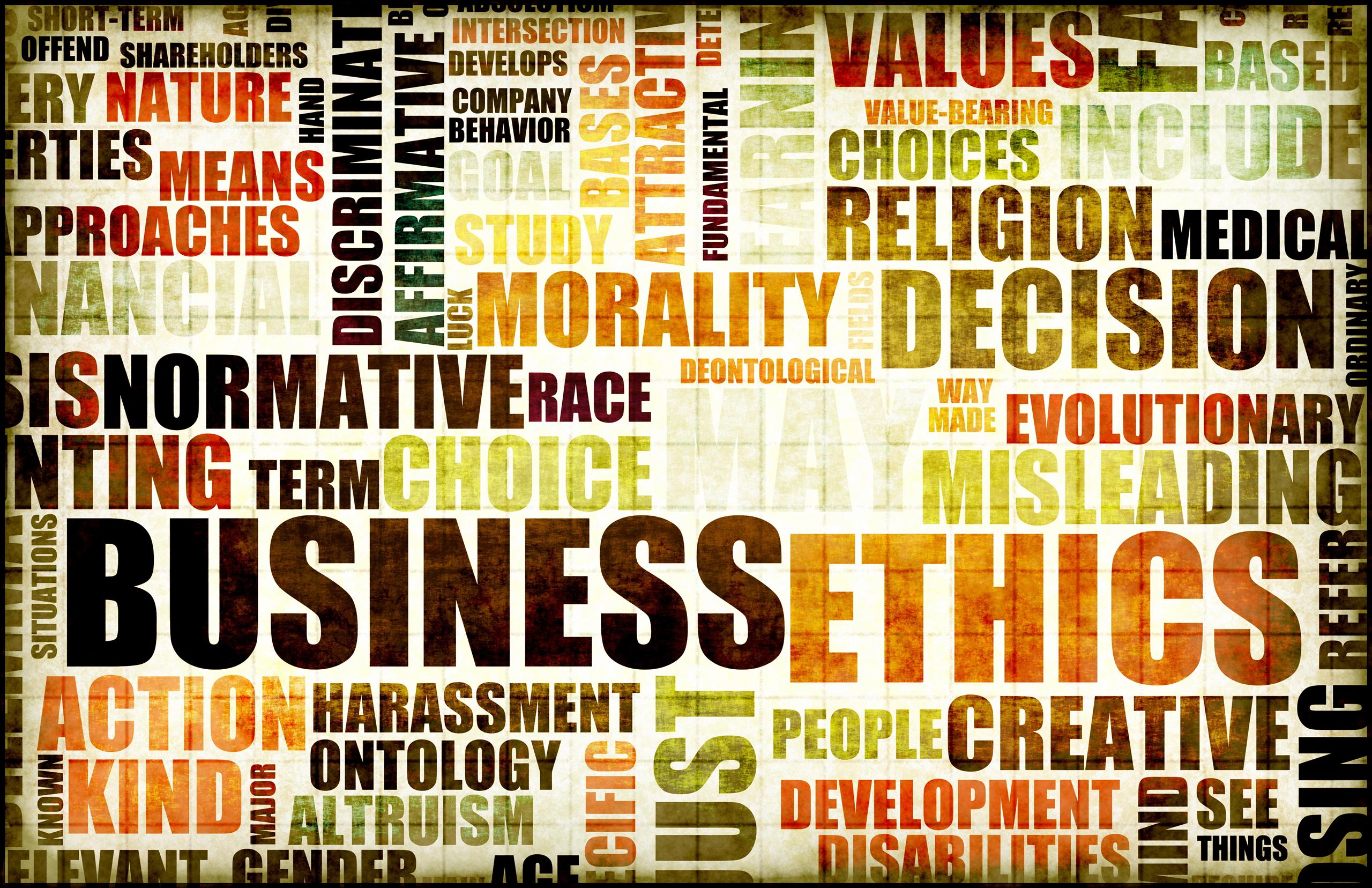 typographic image showing the term 'business ethics' and related words