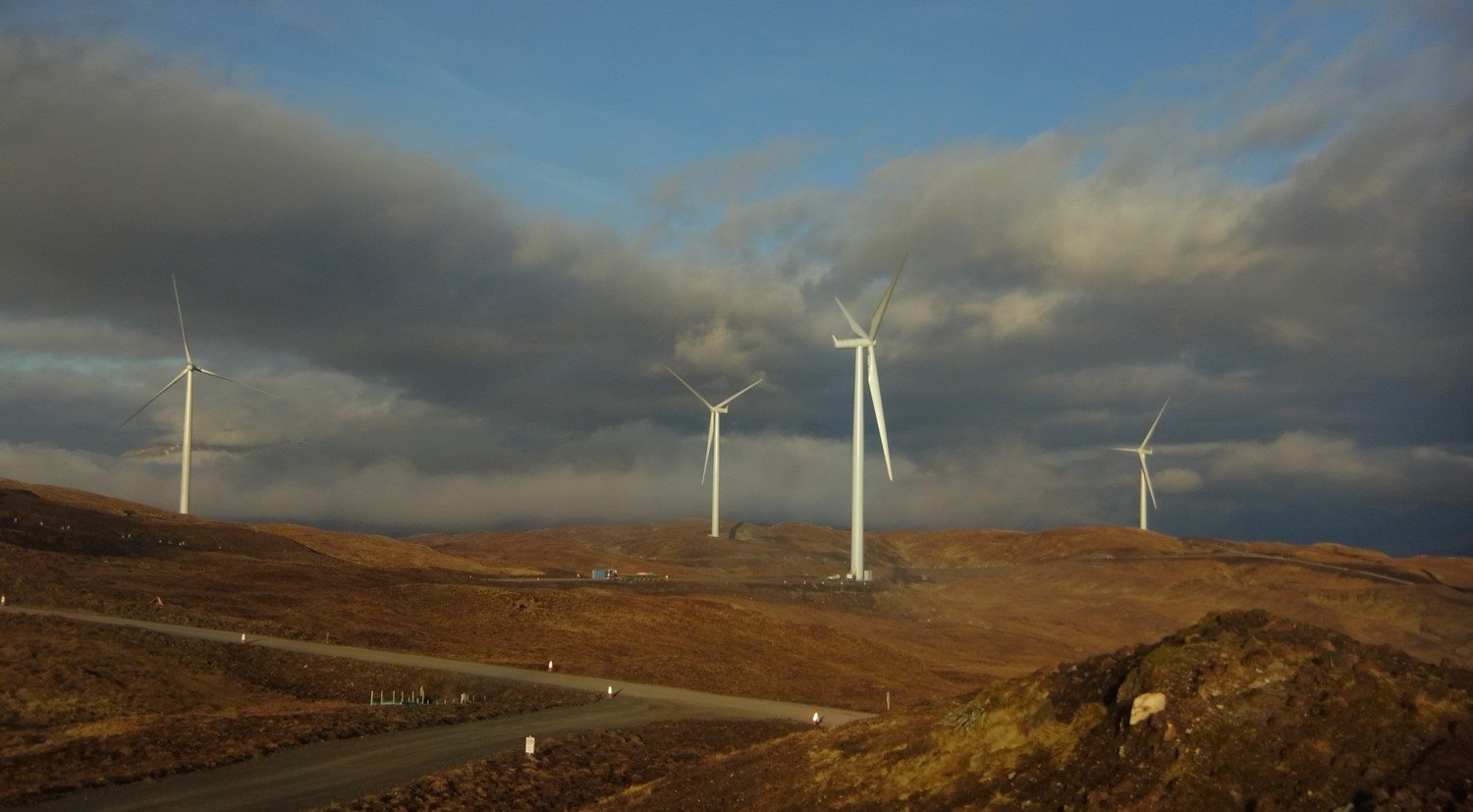 Image of four Carraig Gheal wind farm turbines in West Argyll, Scotland