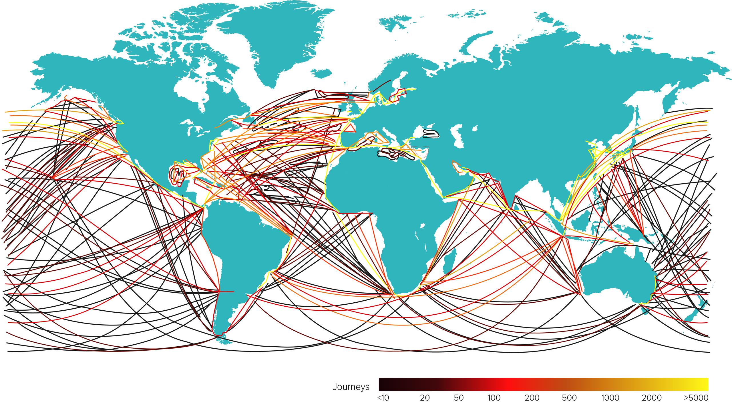 World map with shipping lines
