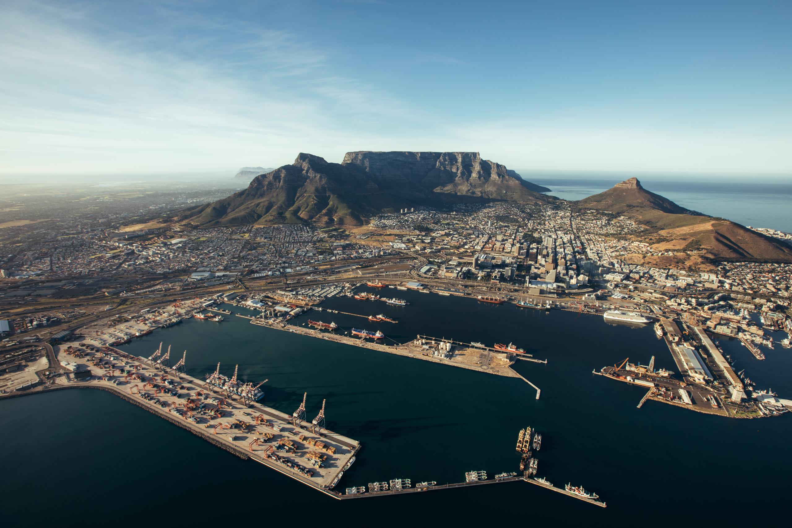 Aerial view of entrance of the port of cape town. Commercial docks of cape town harbour 