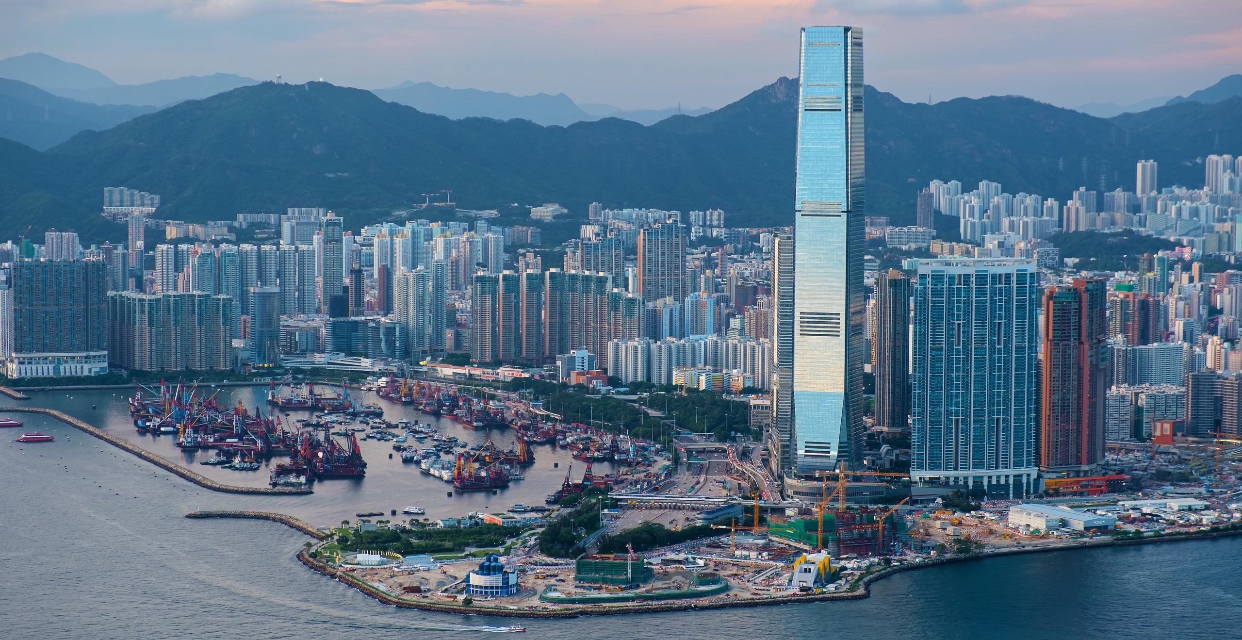 Aerial view of the West Kowloon Cultural District, Hong Kong
