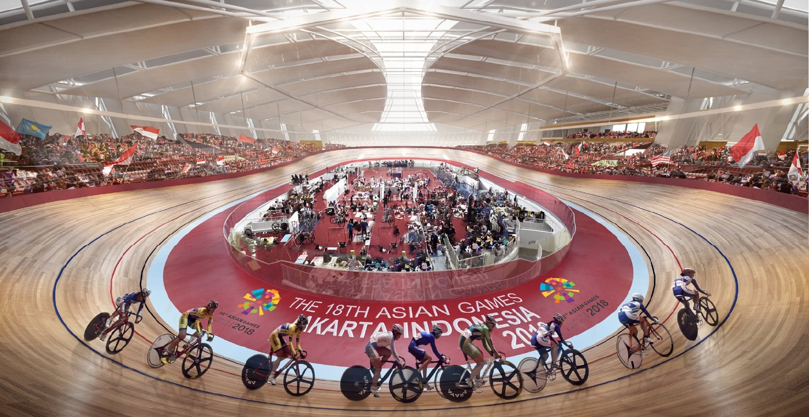 Cyclists riding around the new state of the art Velodrome that was created for the 2018 Asian Games in Jakarta 