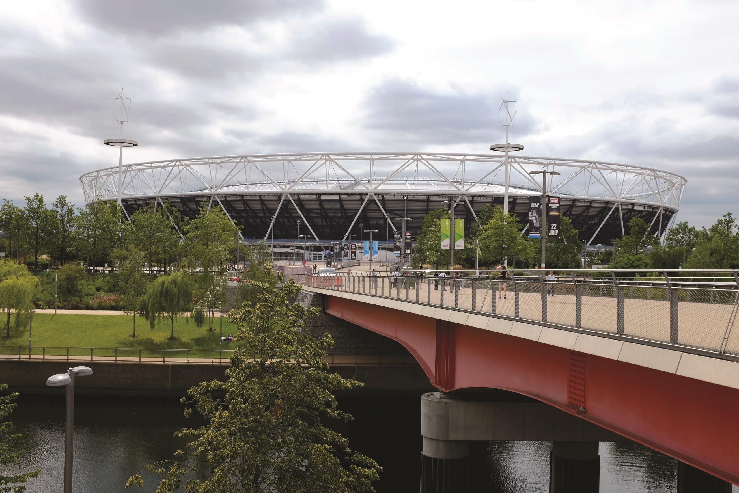 Outside of the London 2012 Olympic Stadium and walkway bridge.