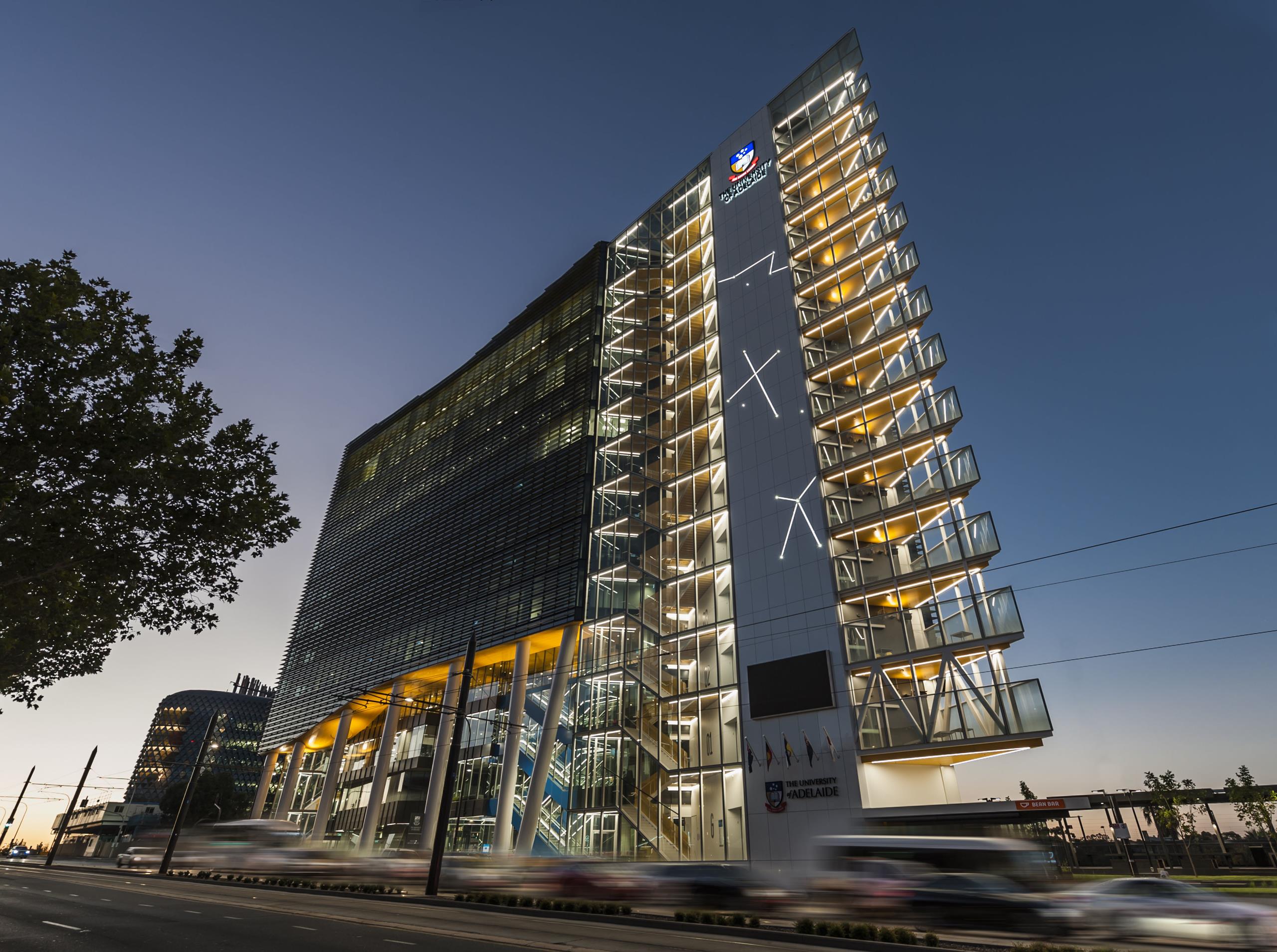 Adelaide Health and Medical Sciences (AHMS) building at dusk