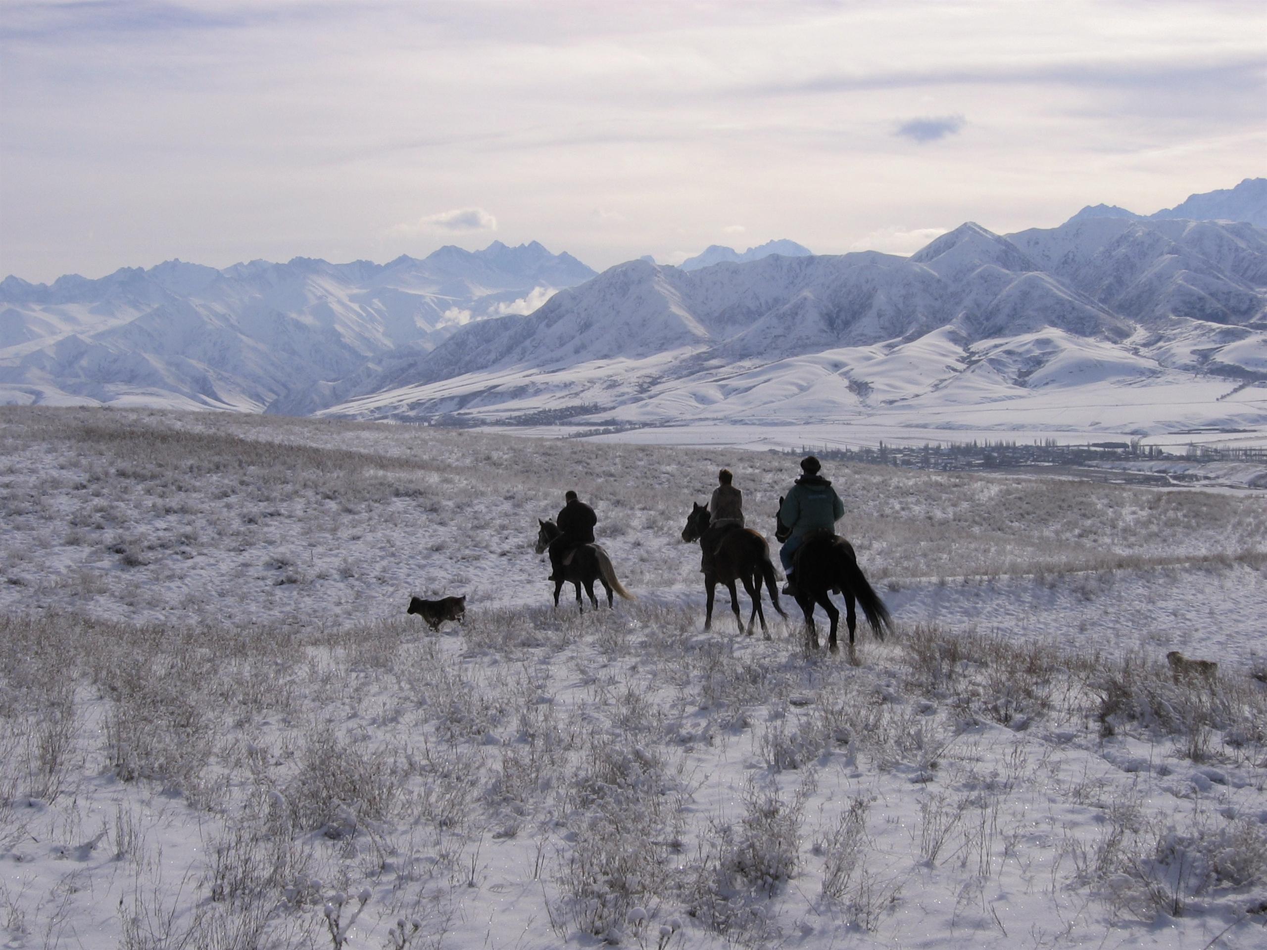 Men riding horses through snowy mountains