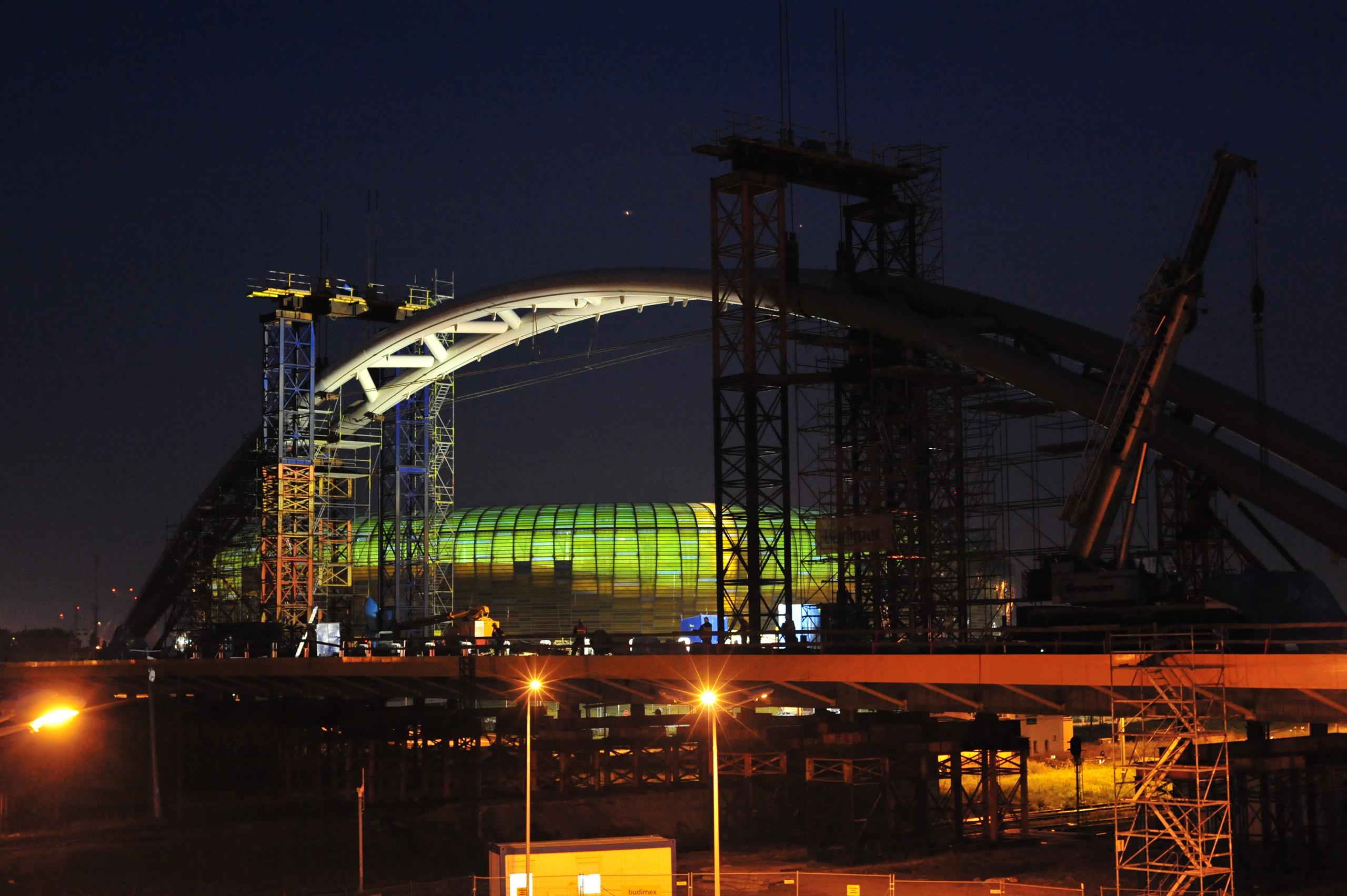 Construction of road bridge at night