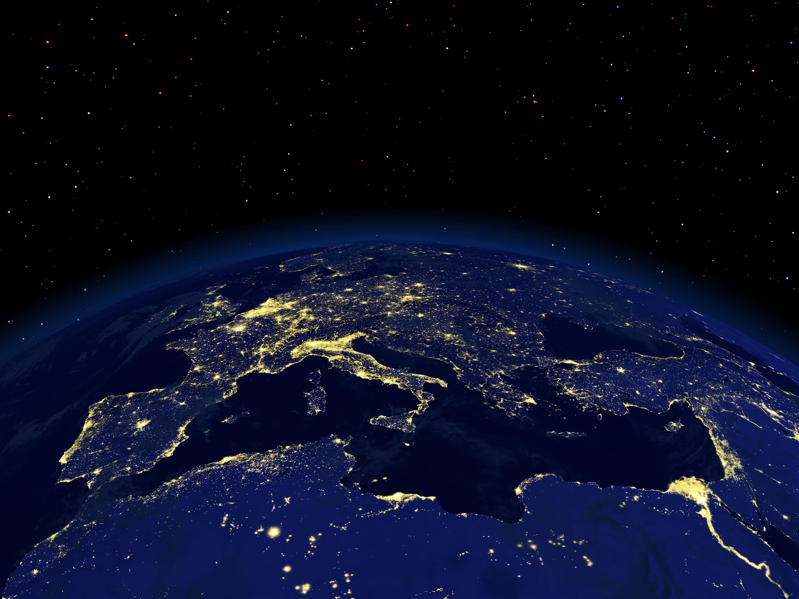 A view of the earth from space, illuminated from all of the lights around the world