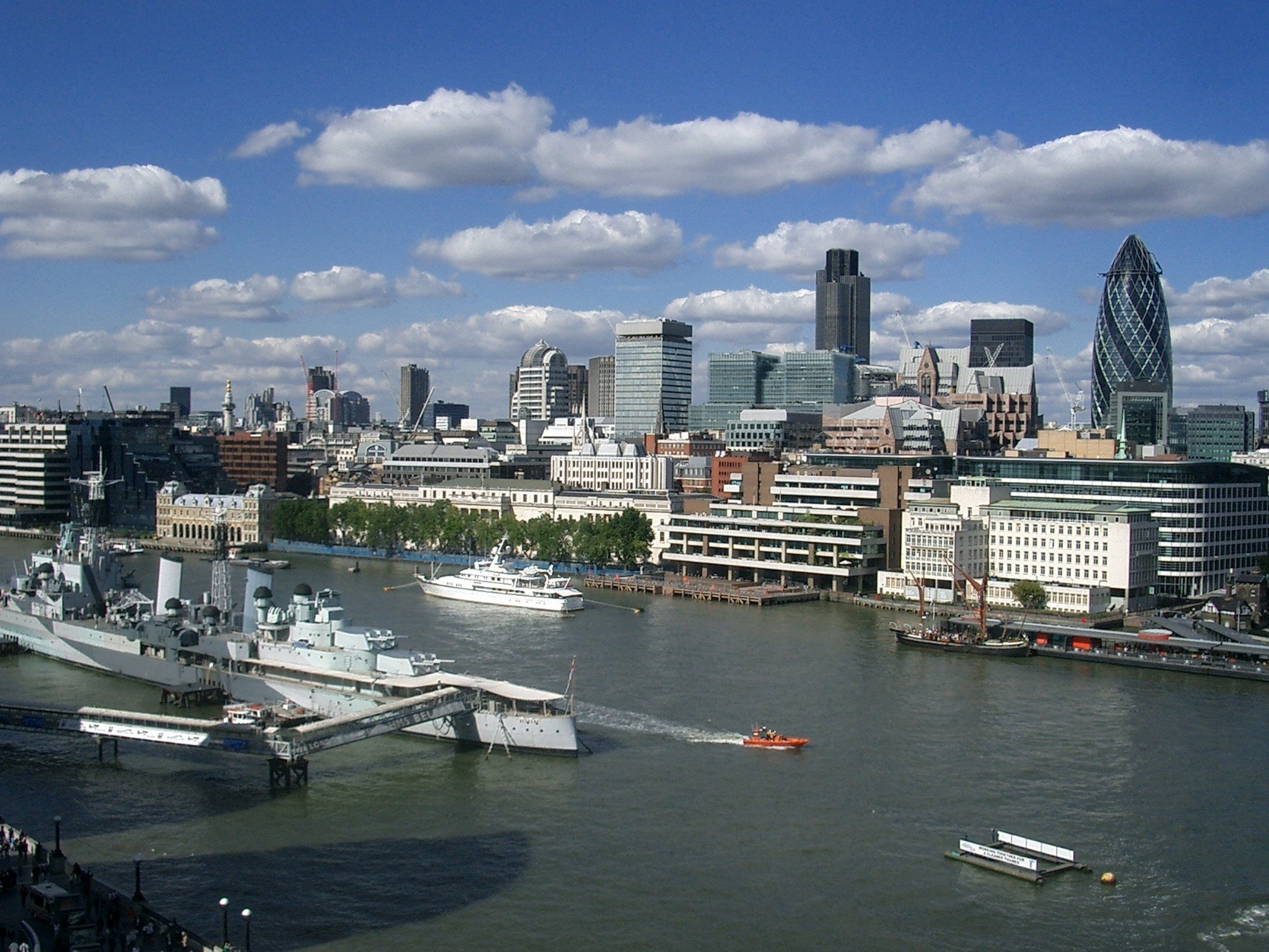 Skyline of London with the river Thames in foreground