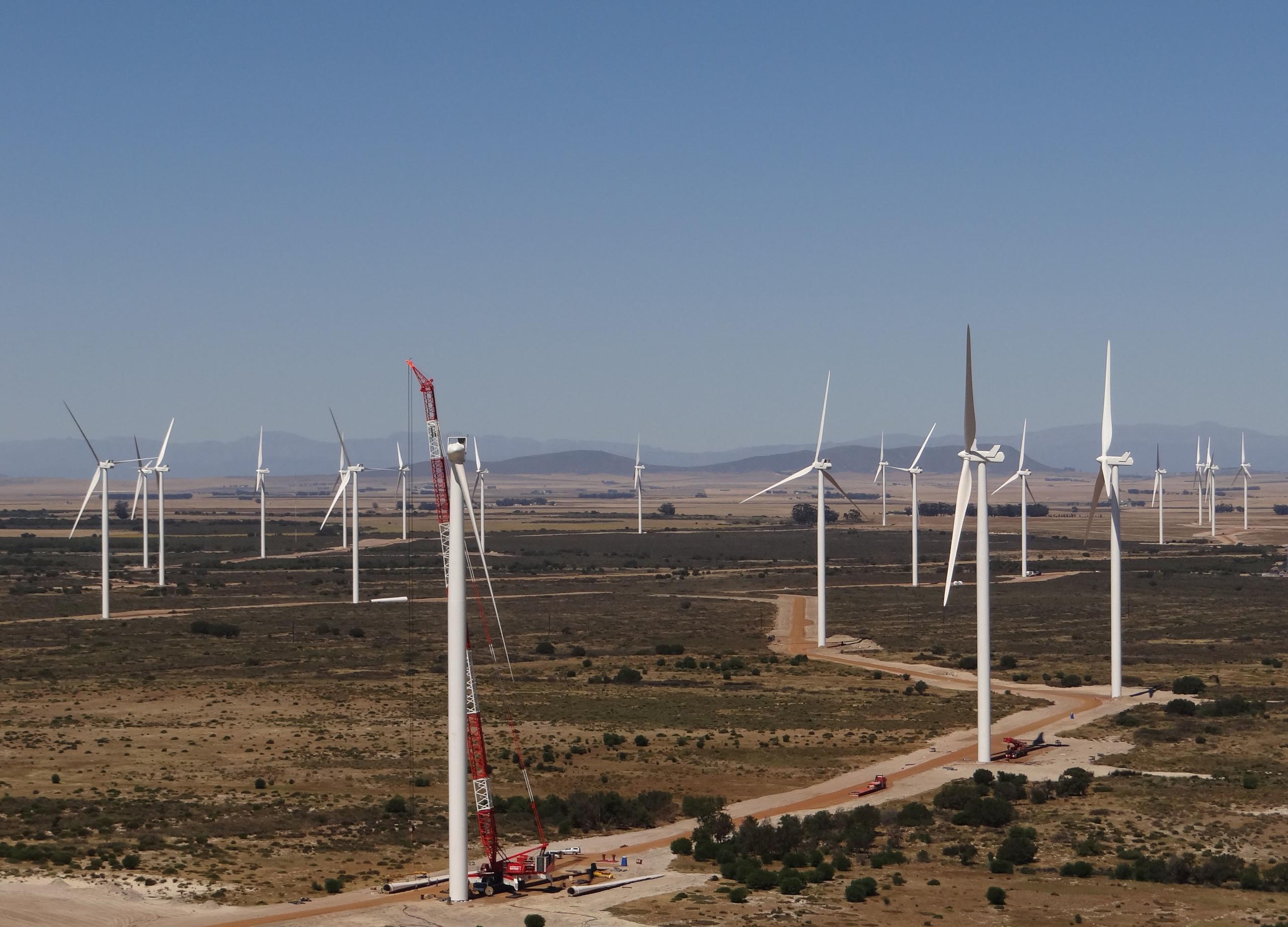 An aerial view of wind turbines at Hopefield wind farm, South Africa