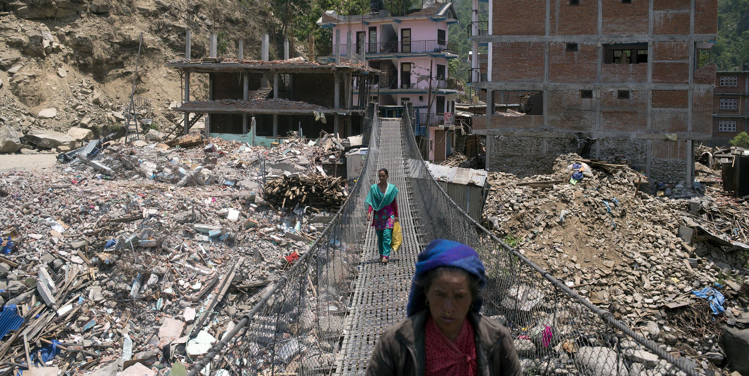 Earthquake destruction of the south side district of Singati town in Nepal