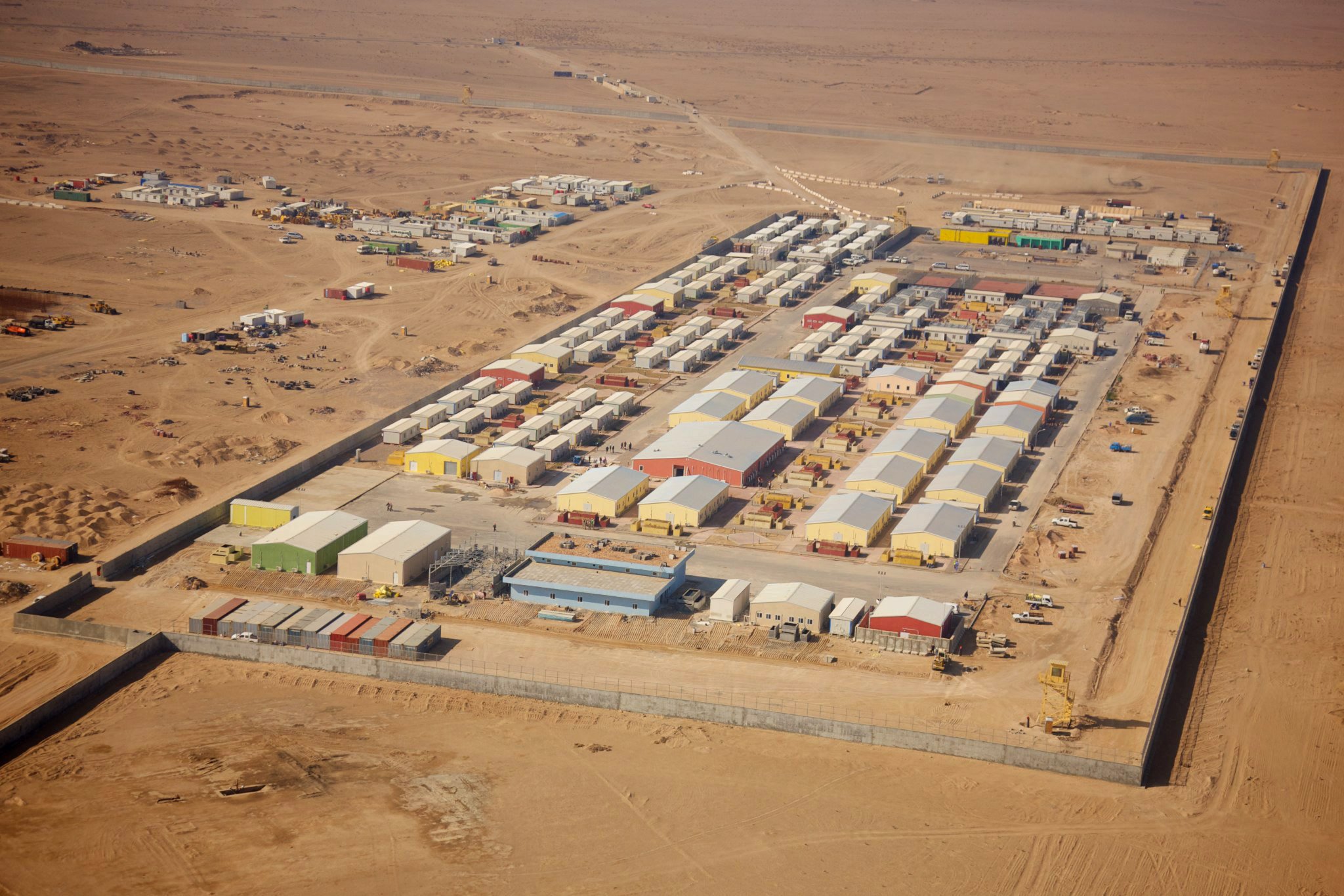 Aerial view of operating base in desert. 