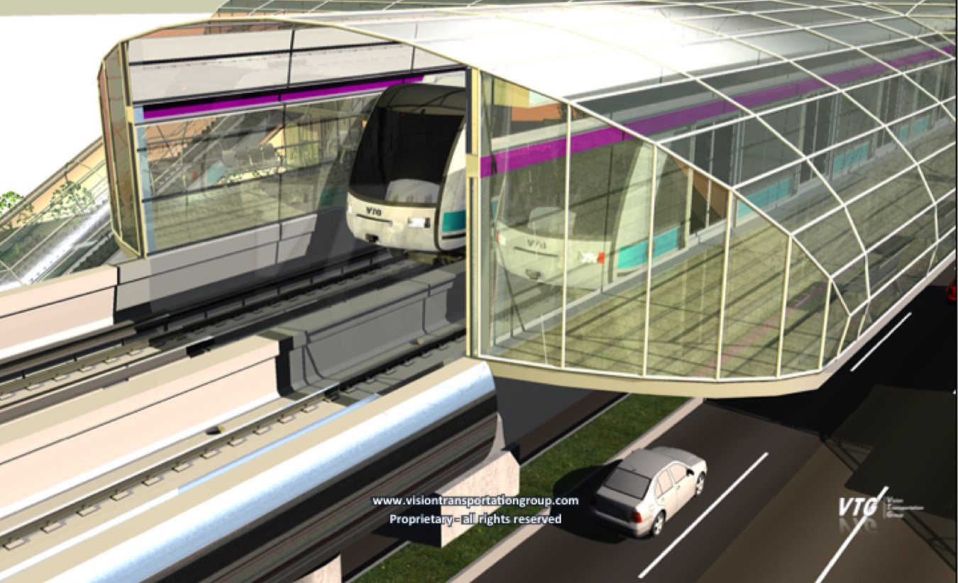 Computer generated impression of LRT vehicles at an elevated station