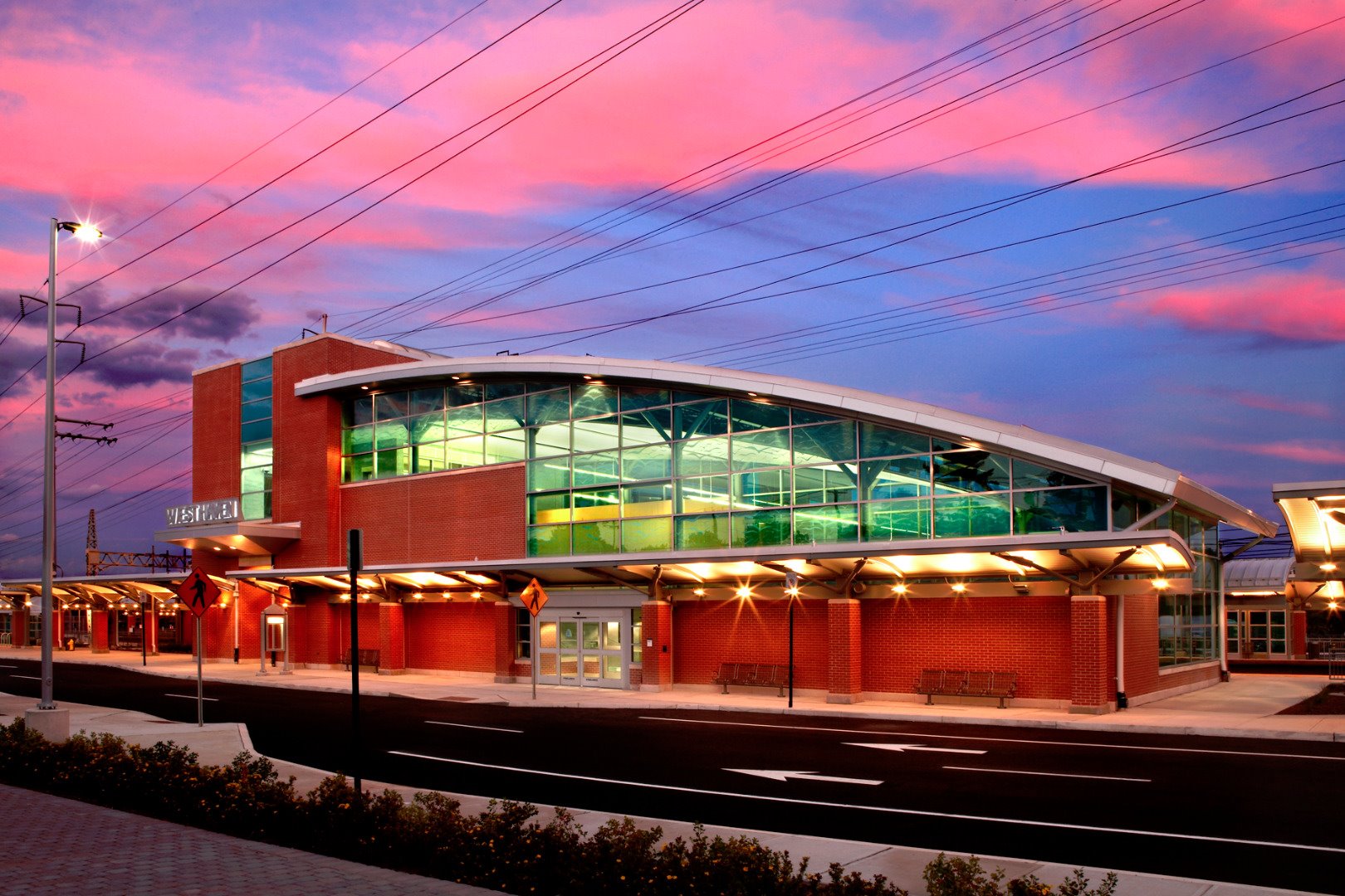 View of the entrance of West Haven Railroad Station at dusk