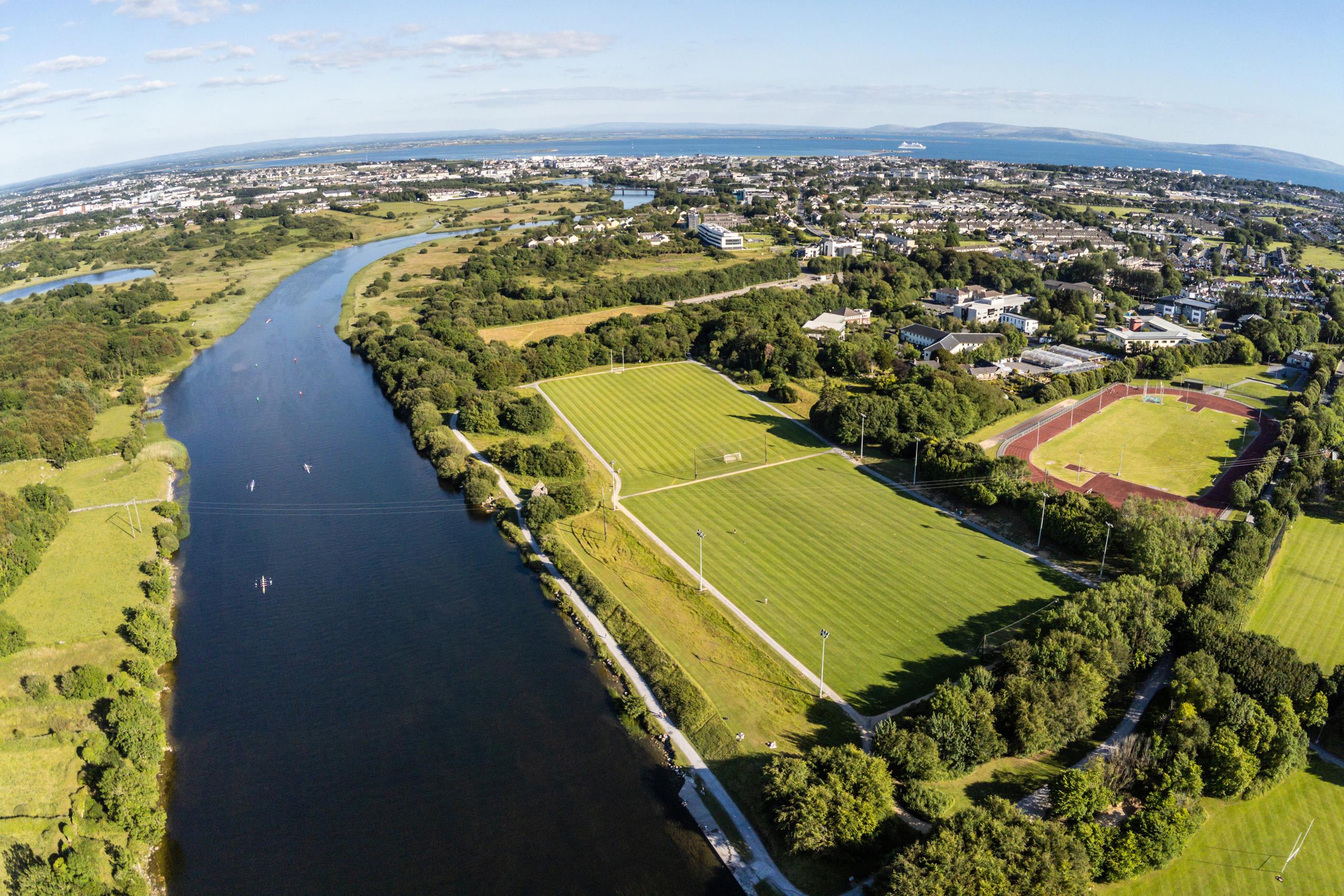 Aerial view of Corrib River and Galway city