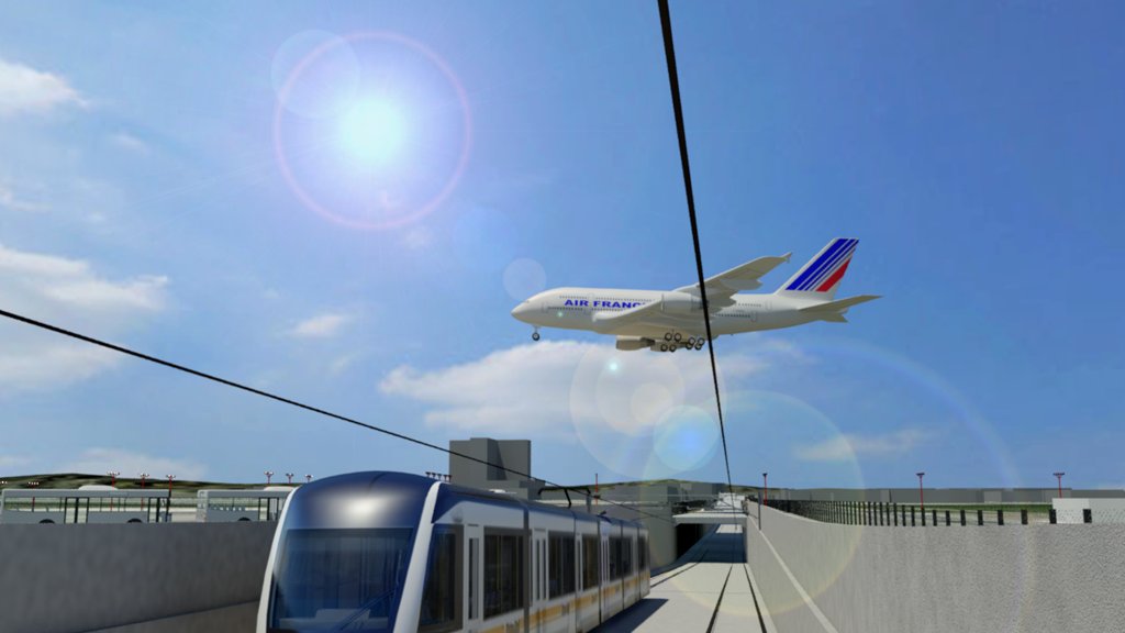 Visualisation of light rail train under plane taking off.