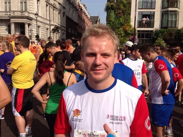 Andy competing in the British 10K London Run 2013, which passes 32 of London’s historic landmarks